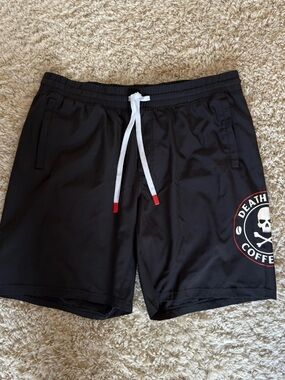 Black 'Death Wish Coffee' Skull Logo Bolt Board Swim / Gym Shorts